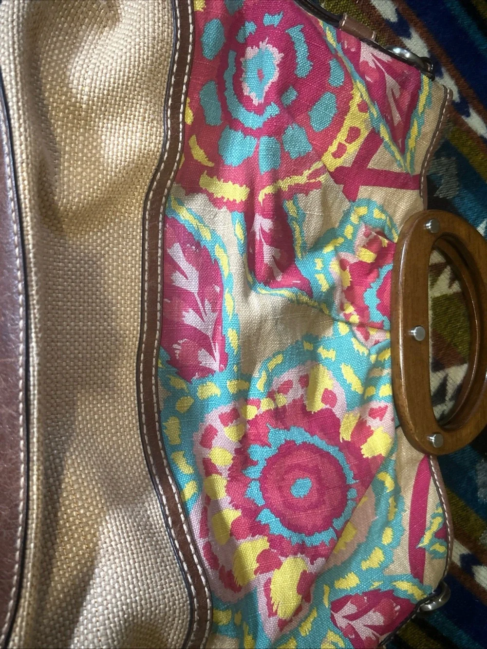 Fossil Wooden Handle Floral Canvas & Leather Trim Woven Crossbody Bag Satchel
